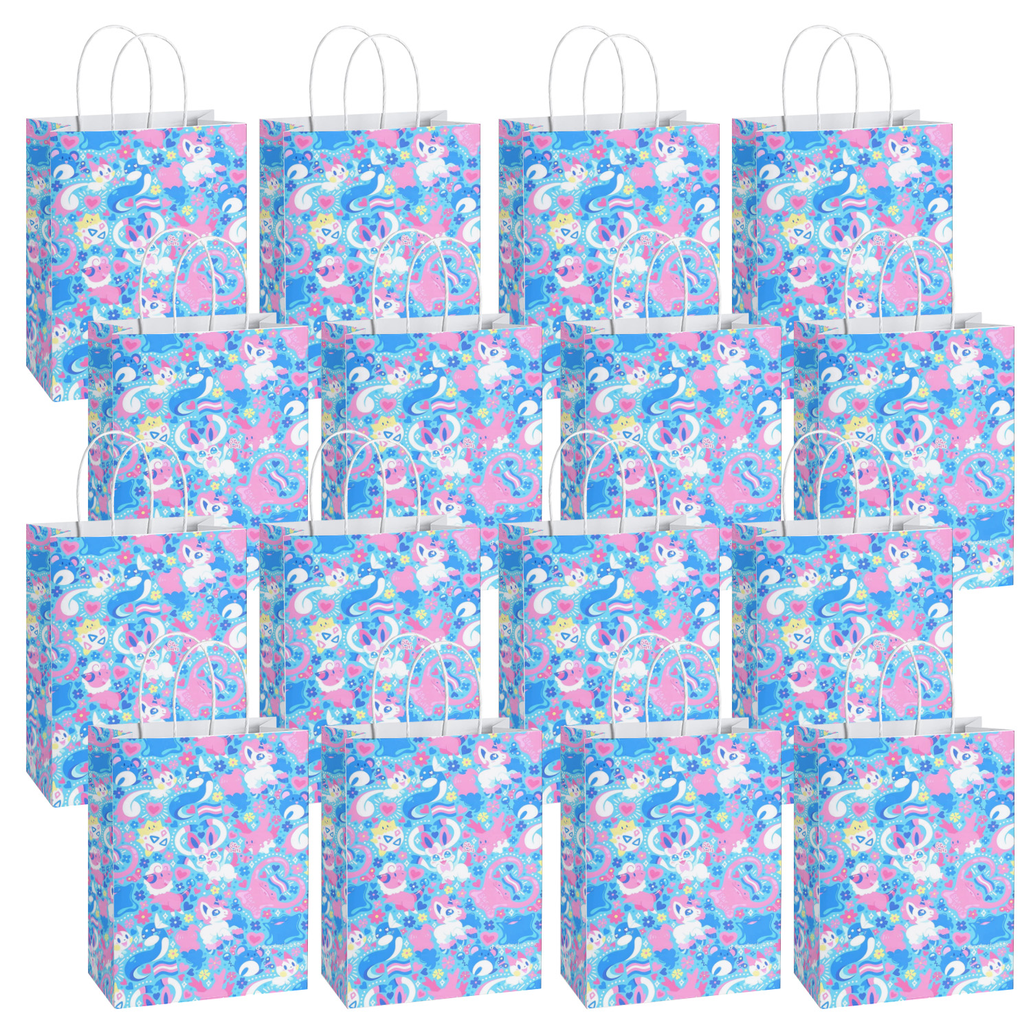 SALQGBUW-Pokemon 16 Pcs Party Paper Gift Bags – Cute Cartoon Favor Bags for Kids' Birthday, Baby Shower, Classroom Treats, and Party Supplies for Boys and Girls